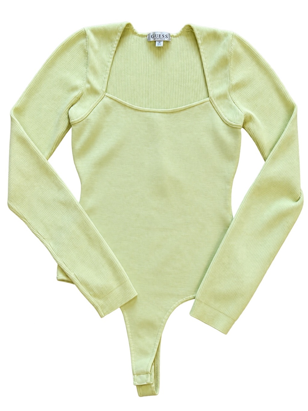 GUESS Yellow Ribbed Knit Long Sleeve Bodysuit Square Neck Size S